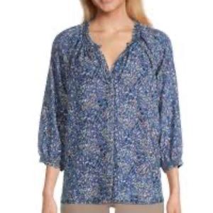 Paint Splatter Print Split Round Neck Ruffled Trim‎ 3/4 Slve Lyocell Peasant Top